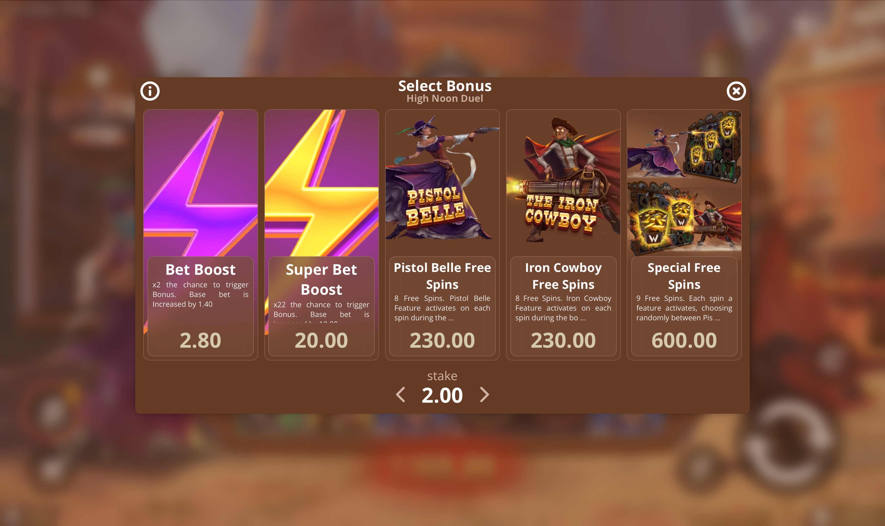 High Noon Duel bonus selection with three Free Spins options