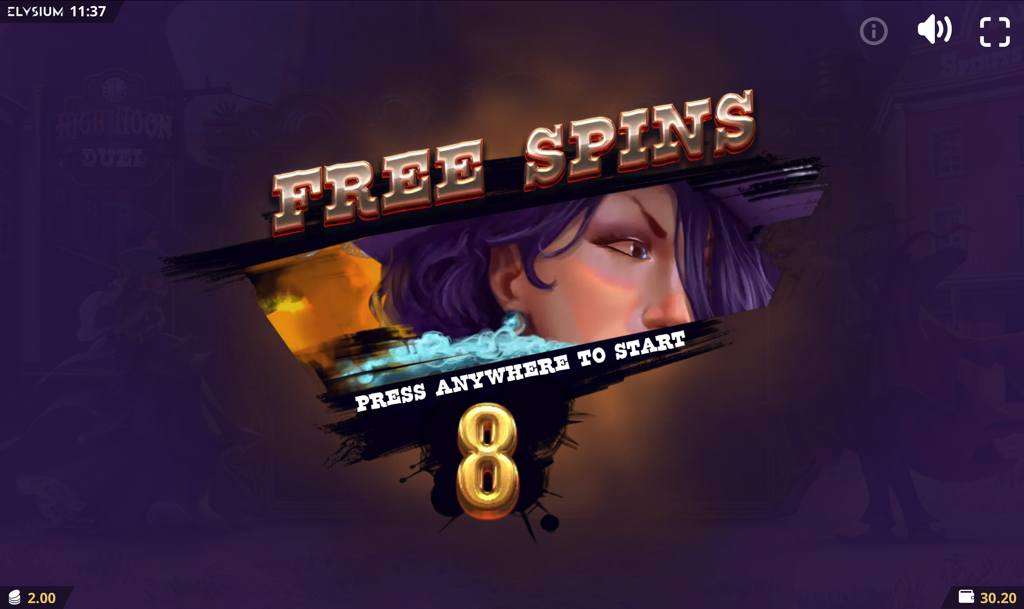 Pistol Belle Free Spins screen awarding eight spins