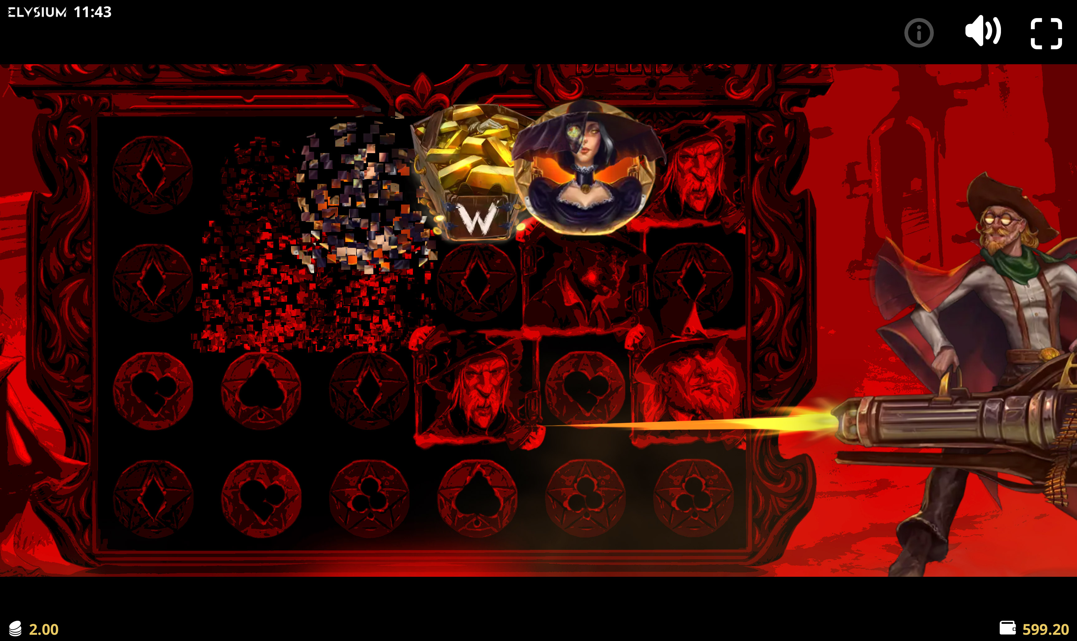 Iron Cowboy firing a giant Wild onto the red reels